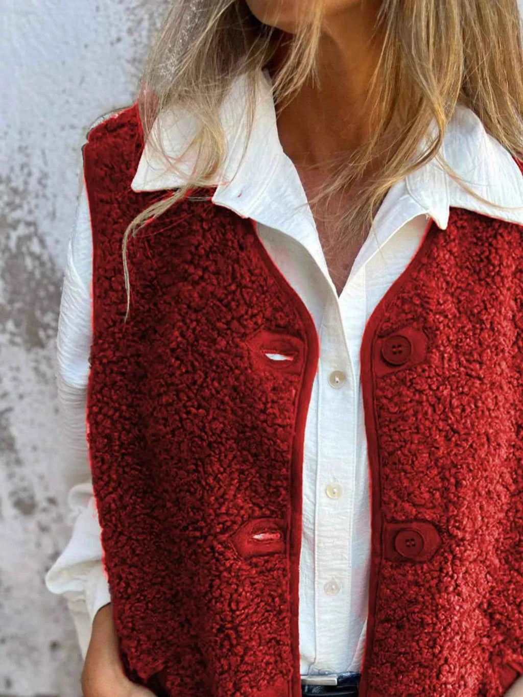 Full Size Cozy Sherpa Fleece Button-Up Vest Coat with Pockets Plus Size - Velvet Stardust Co.