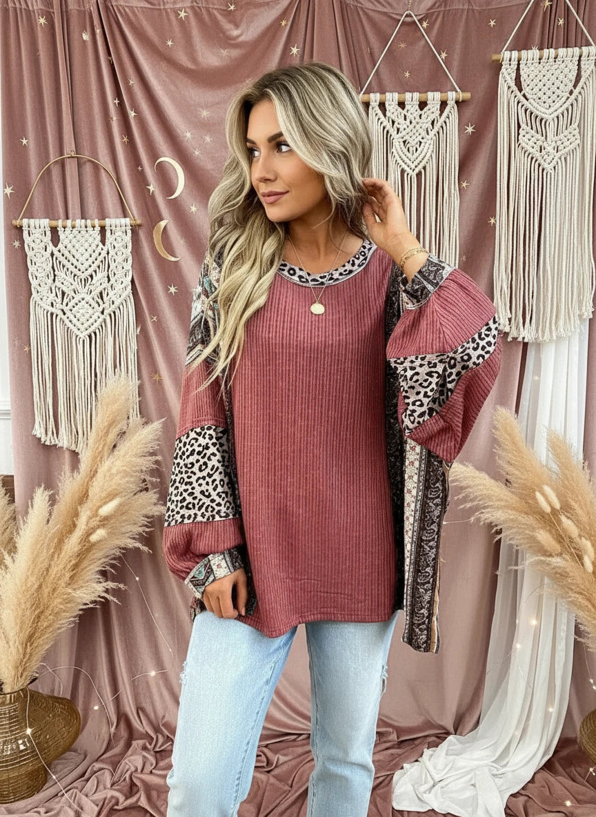 Velvet Stardust Co. Leopard Colorblock Ribbed Top – Boho Long Sleeve Knit Pullover - Velvet Stardust Co.