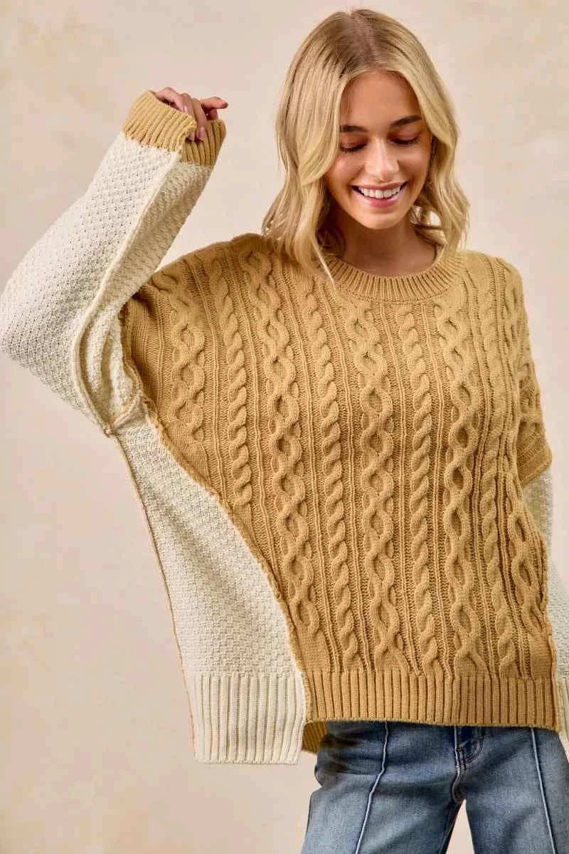 BiBi Cable Knit With Hacci Combo Sweater With Uneven Hem Detail - Velvet Stardust Co.