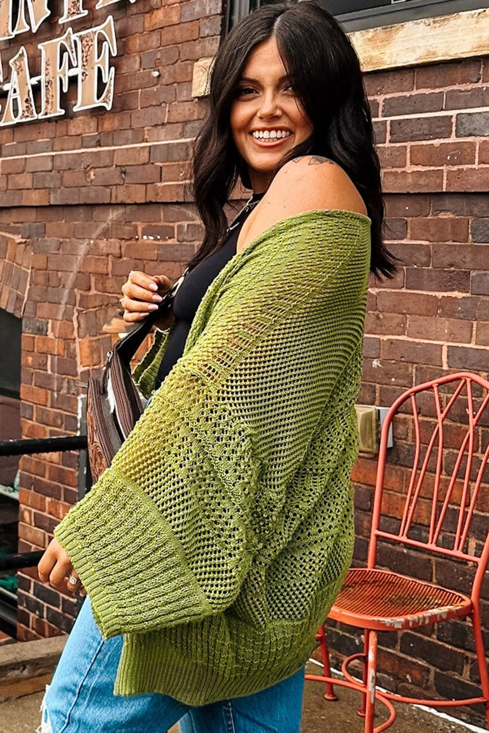 Spinach Green Oversize Crochet Knit Open Cardigan - Velvet Stardust Co.