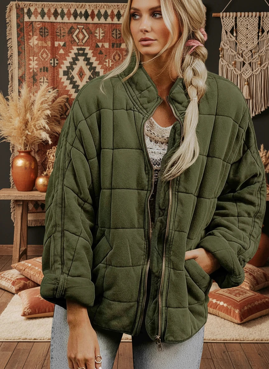 Full Size Zip Up Quilted Bomber Jacket Plus Size