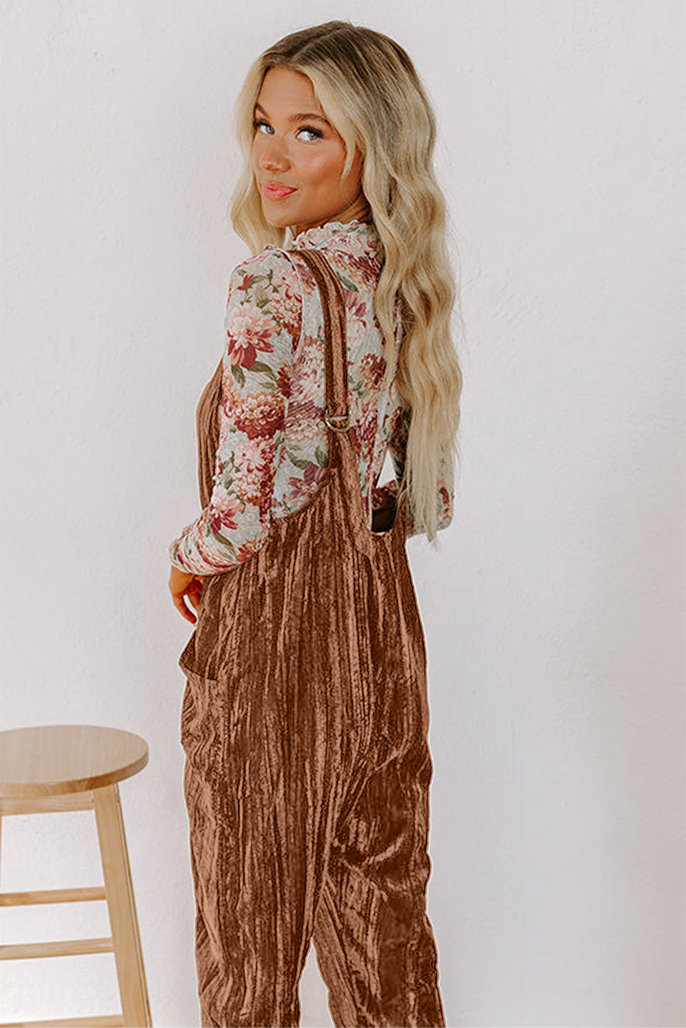 Chicory Coffee Velvet Adjustable Straps Patched Pocket Sleeveless Jumpsuit - Velvet Stardust Co.