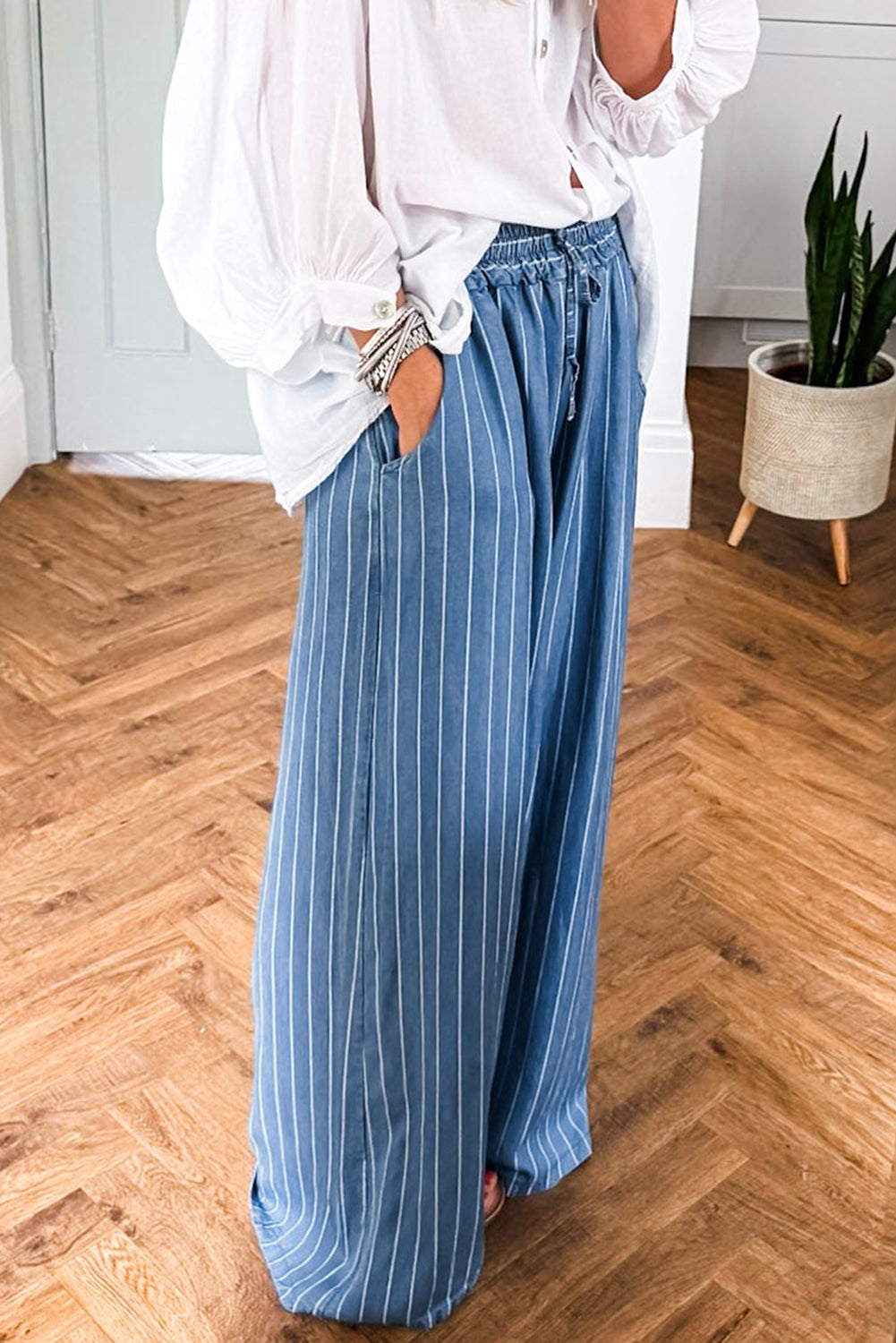 Sky Blue Stripe Chambray Wide Leg Tied Elastic Waist Trousers - Velvet Stardust Co.