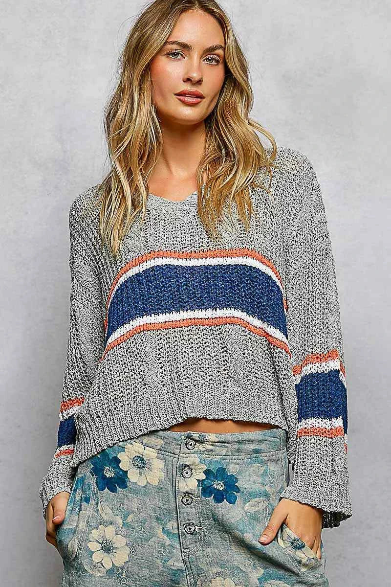 POL V-Neck Striped Pattern Cropped Knit Top with Cable Knit Detail
