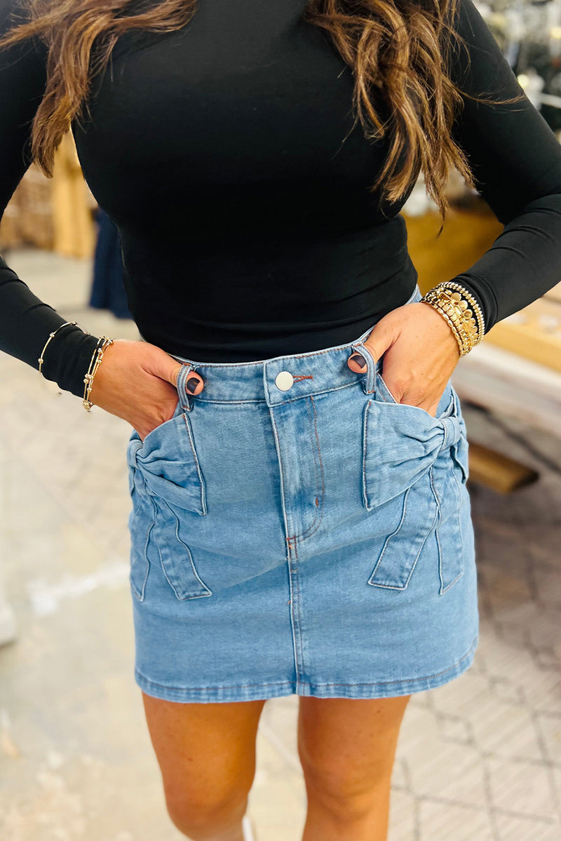Dusk Blue Acid Washed Bowknot Details High Waist Denim Skirt