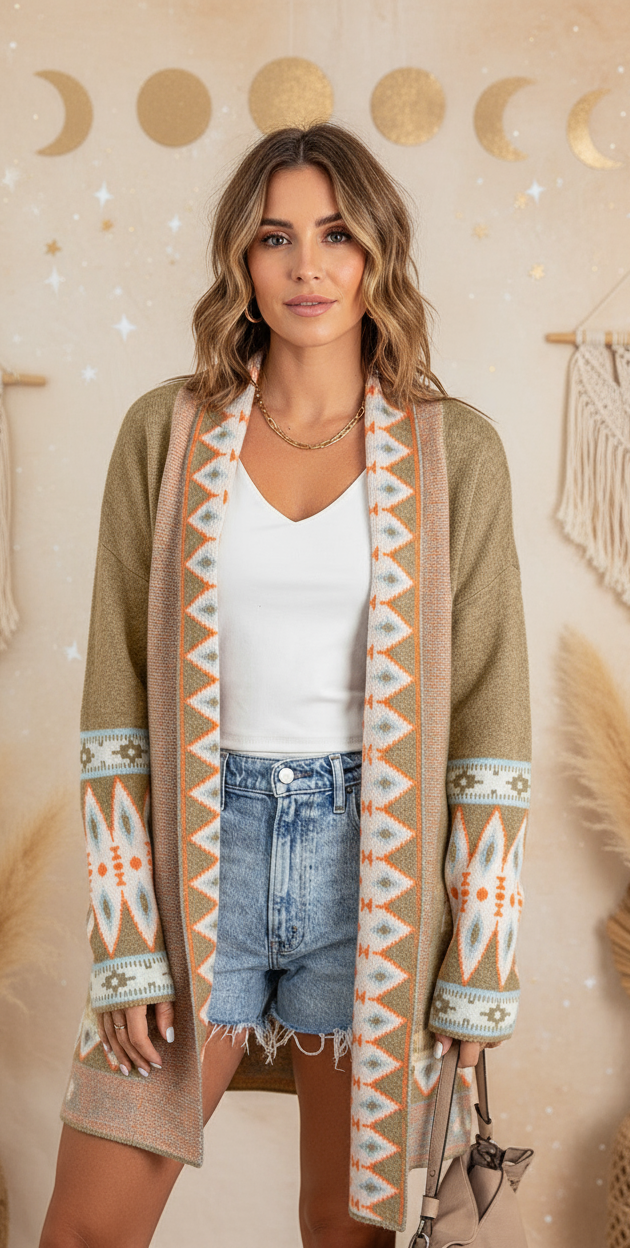 Khaki Aztec Print Open Front Knitted Cardigan