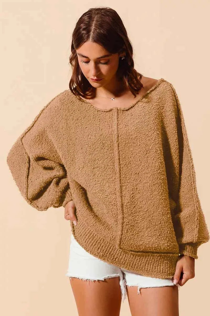 SO ME Loose Fit Exposed Seam Slouchy Boucle Sweater - Velvet Stardust Co.