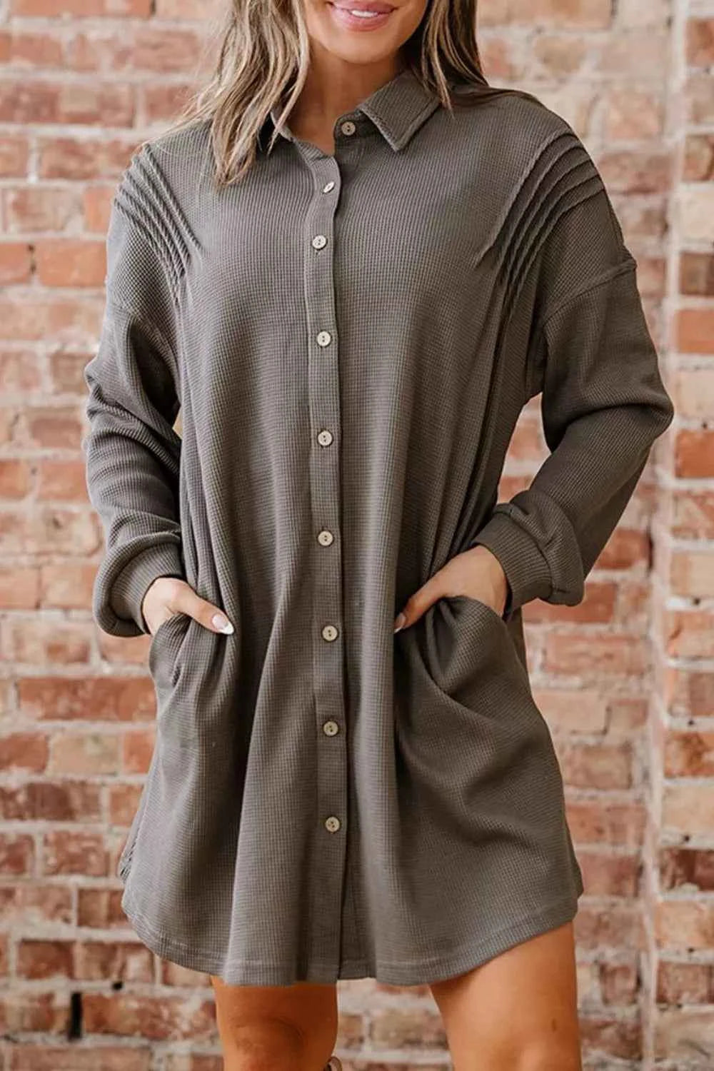 Waffle Knit Shirt Tunic Dress