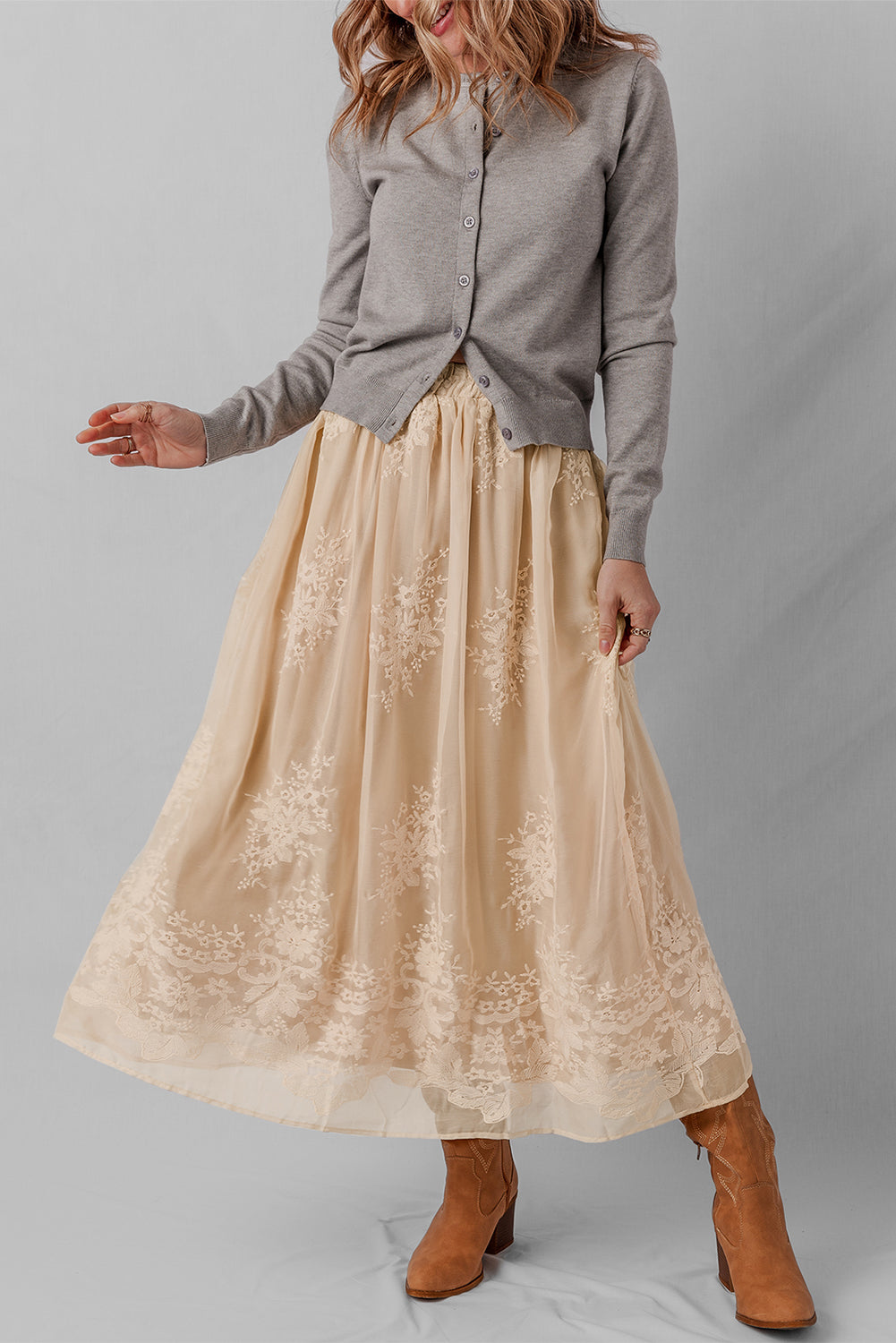 Oatmeal Embroidered Mesh Overlay Flowy Long Skirt - Velvet Stardust Co.