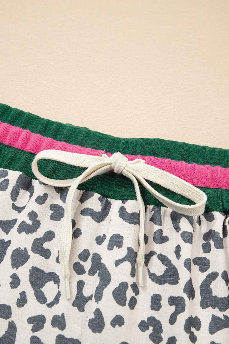 Gray Leopard Contrast Trim Long Sleeve Pullover and Pants Set