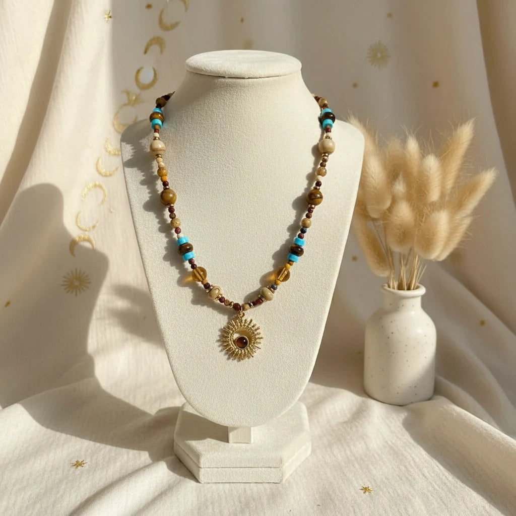 Multi-Color Beaded Sunflower Pendant Necklace