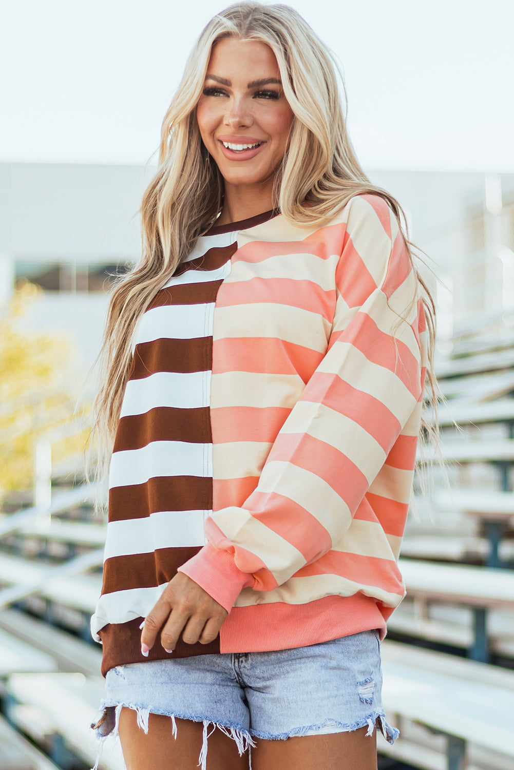 Brown Stripe Color Block Drop Shoulder Pullover Sweatshirt - Velvet Stardust Co.
