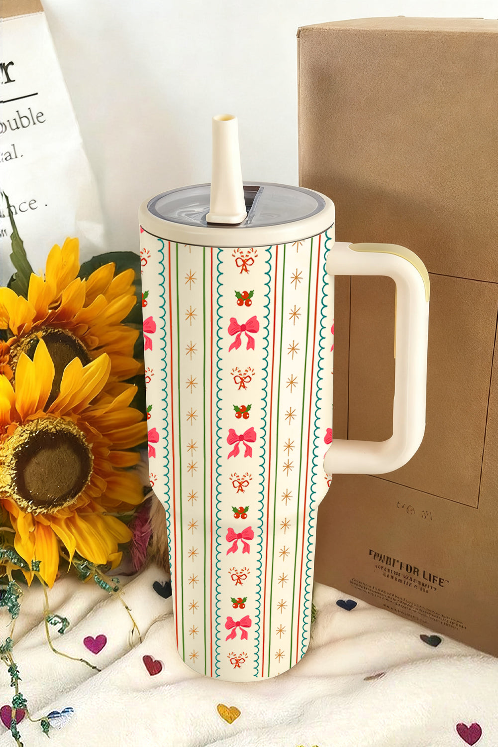 White Christmas Sweet Bow Print Travel Mug with Handle and Straw - Velvet Stardust Co.