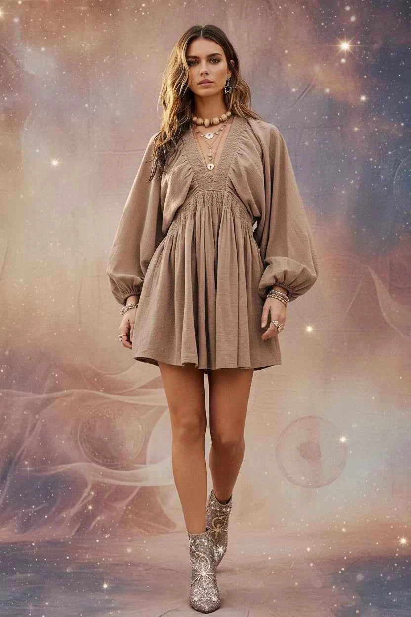 Smocked V-Neck Balloon Sleeve Dress