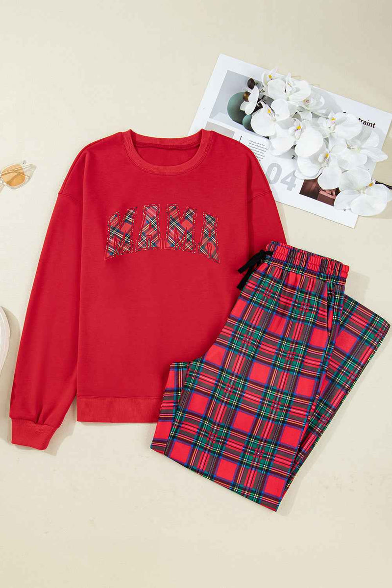 Red Plaid MAMA Graphic Christmas Holiday Crewneck Pullover and Pants Lounge Set