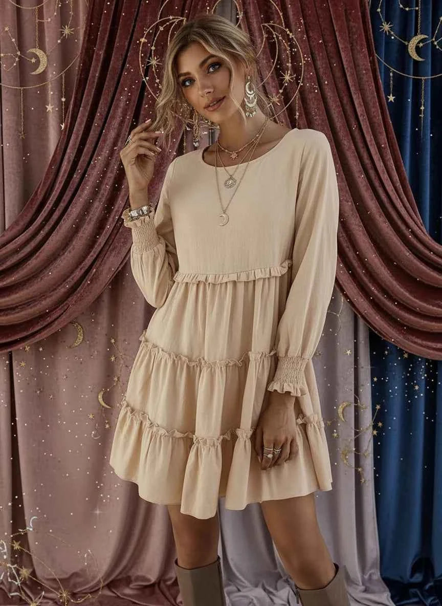 Ruffle Tiered Long Sleeve Mini Dress - Velvet Stardust Co.