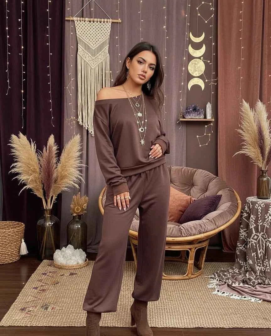 Boat Neck Long Sleeve Top and Pants Set - Velvet Stardust Co.