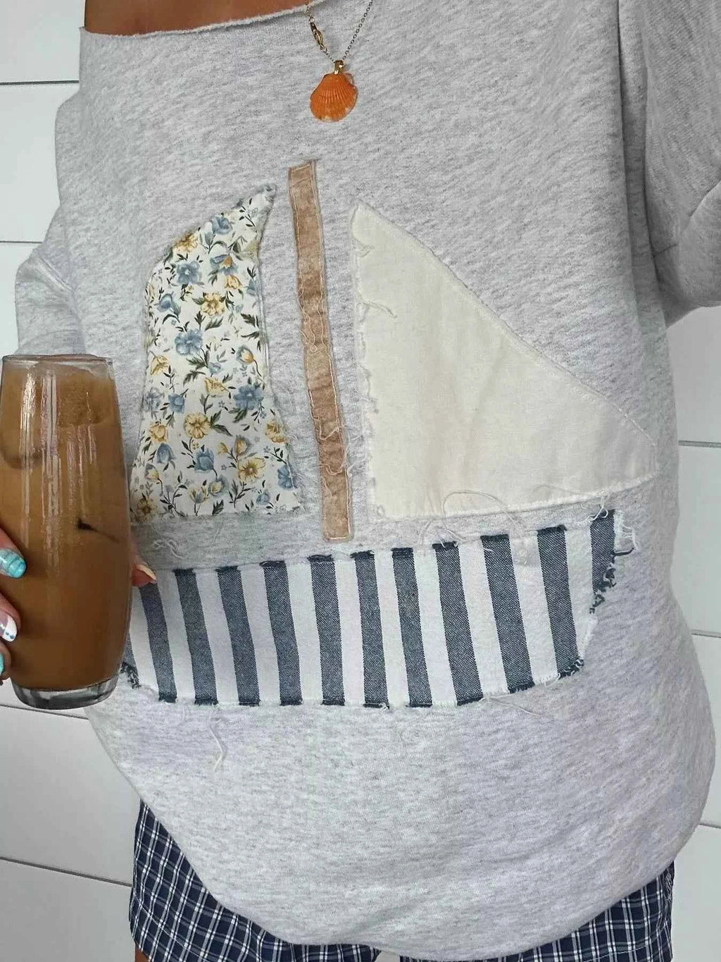 Boat Neck Long Sleeve Patchwork Sweatshirt - Velvet Stardust Co.