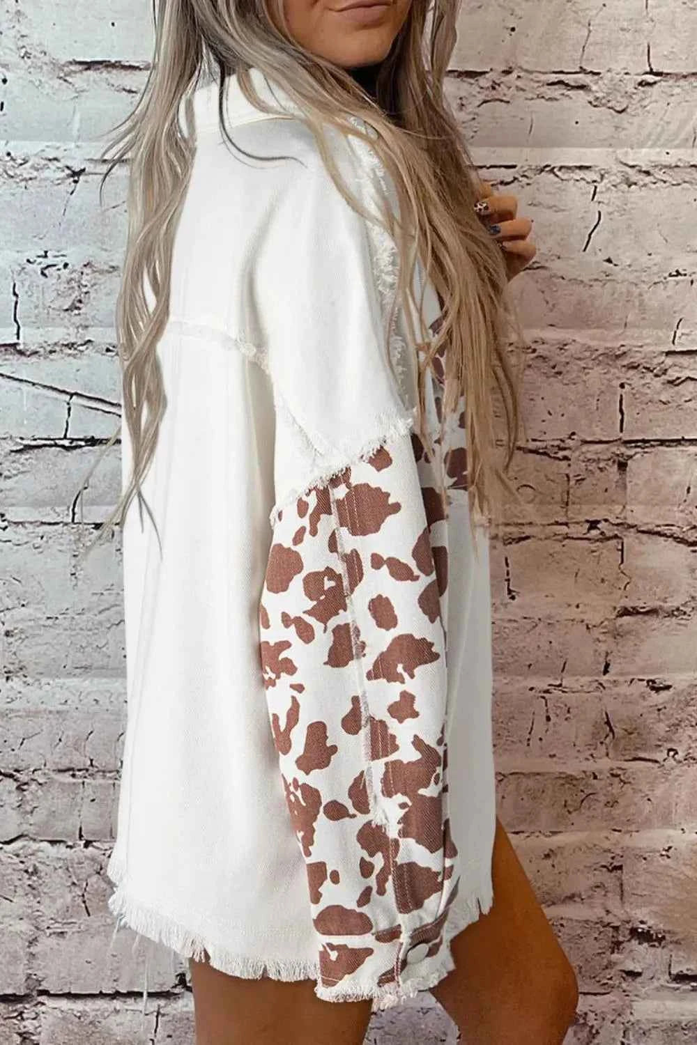 Raw Hem Animal Print Long Sleeve Denim Jacket - Velvet Stardust Co.