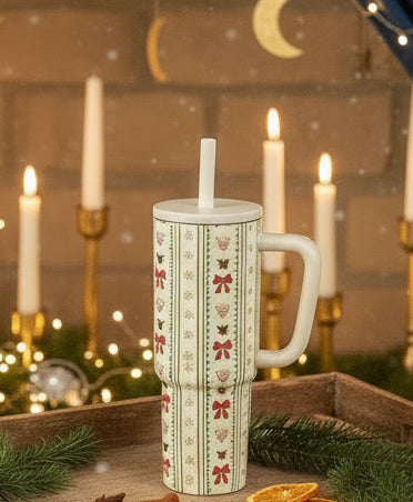 White Christmas Sweet Bow Print Travel Mug with Handle and Straw - Velvet Stardust Co.