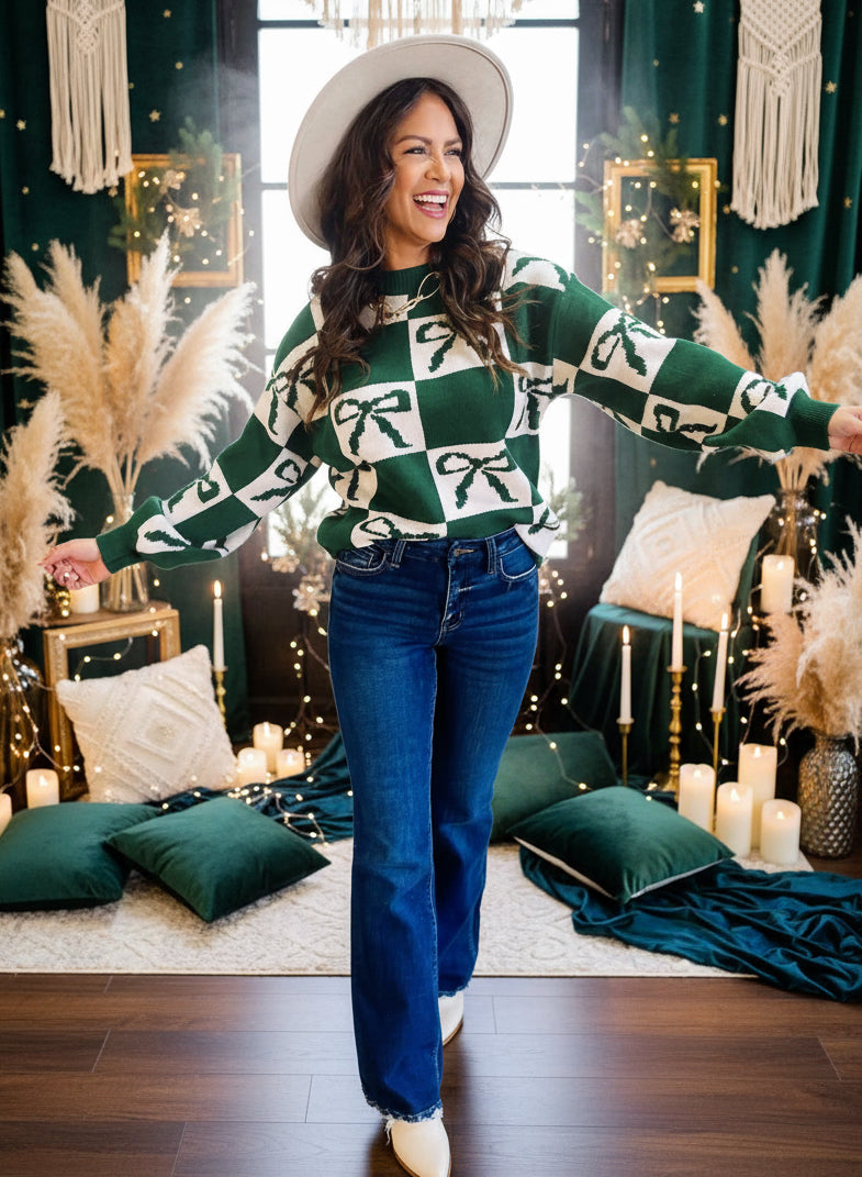 Blackish Green Bow Christmas Print Checkered Knit Sweater - Velvet Stardust Co.