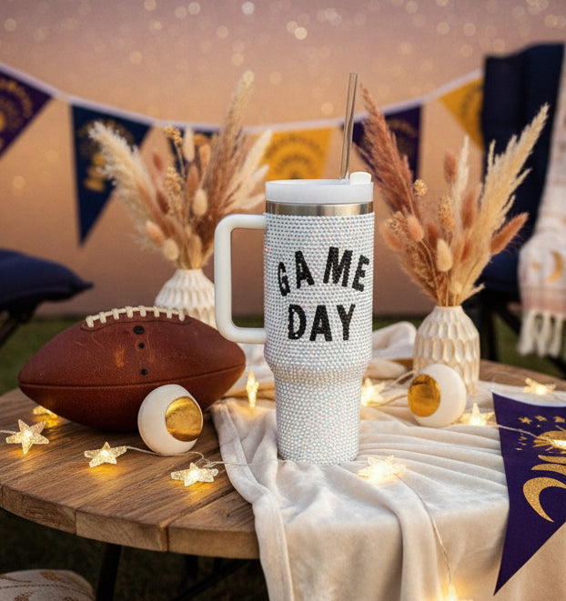 White GAME DAY Rhinestone Handle Large Tumbler 40oz - Velvet Stardust Co.