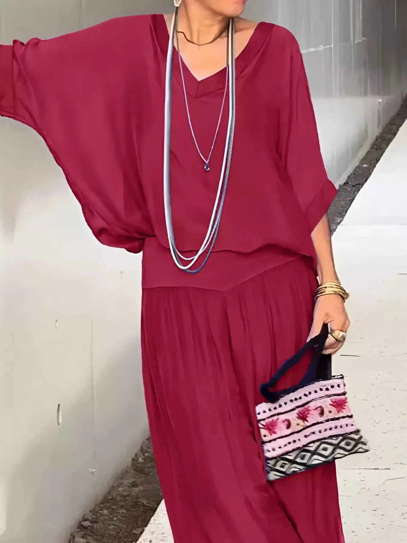 V-Neck Top and Wide Leg Pants Two-Piece Set