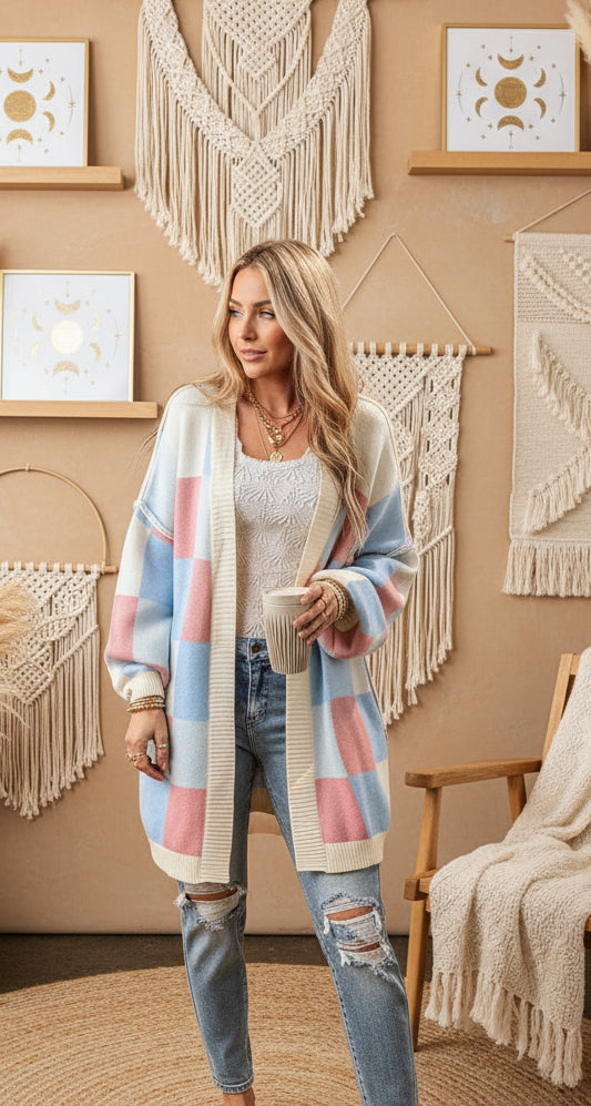 Light Blue Checkered Drop Shoulder Exposed Seam Open Front Cardigan