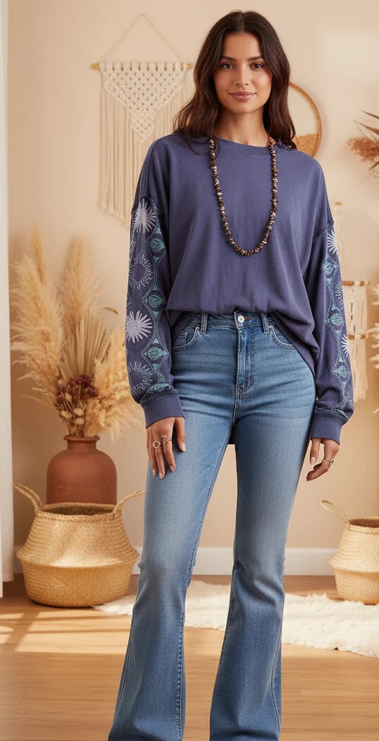 Embroidered Round Neck Long Sleeve Sweatshirt - Velvet Stardust Co.
