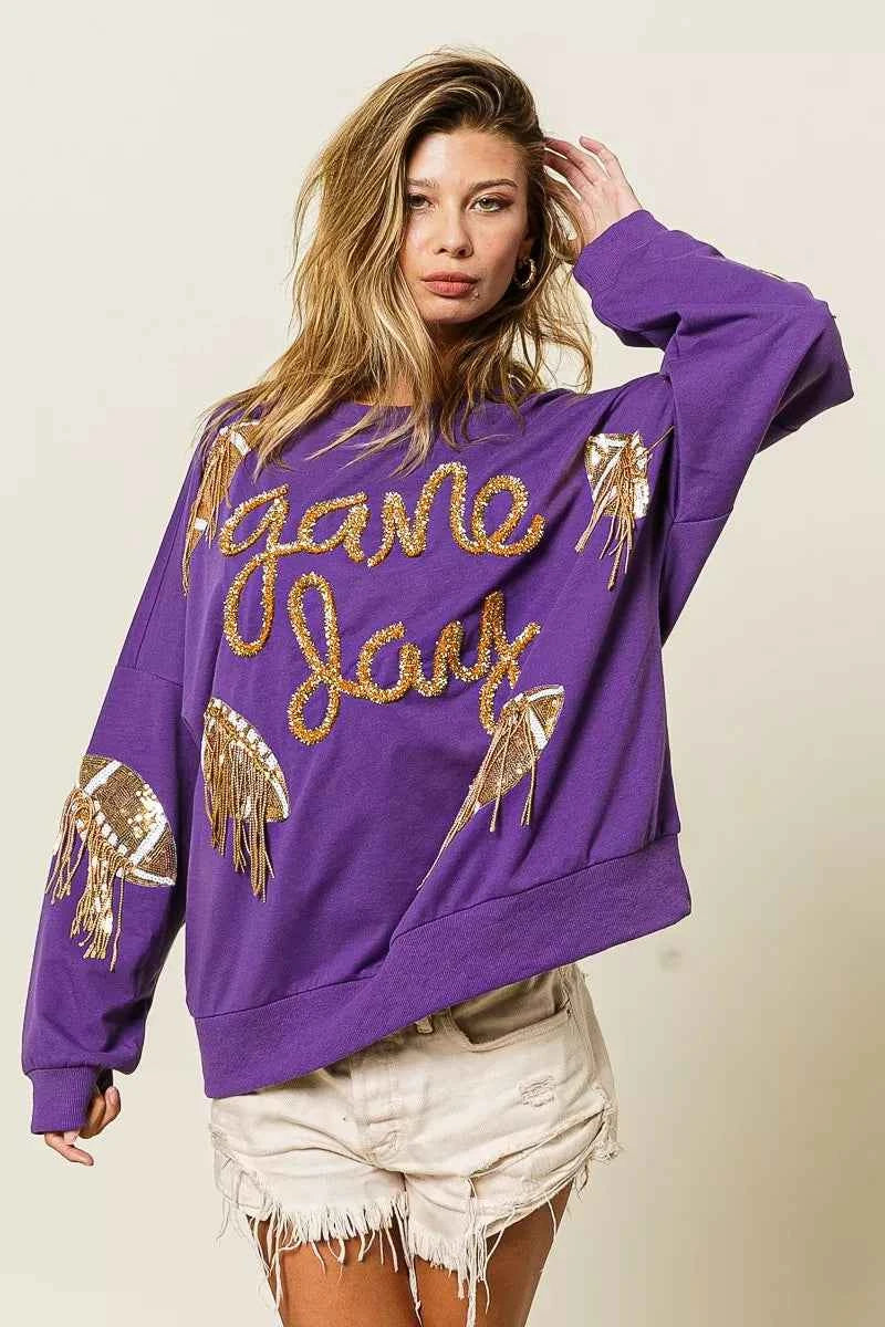 BiBi Sequin Football Patches Game Day Sweatshirt - Velvet Stardust Co.