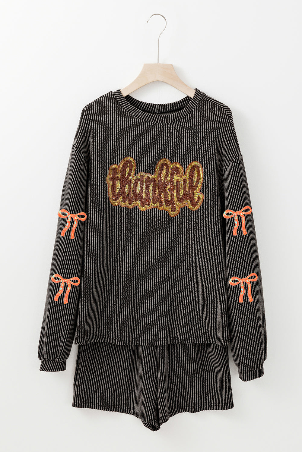 Carbon Grey Twisted Ribbed Thankful Letter Sequins Patch Bow Sleeve Top and Shorts Set - Velvet Stardust Co.