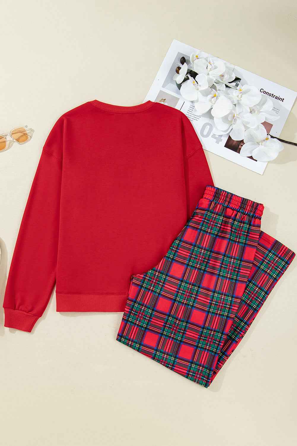 Red Plaid MAMA Graphic Christmas Holiday Crewneck Pullover and Pants Lounge Set - Velvet Stardust Co.