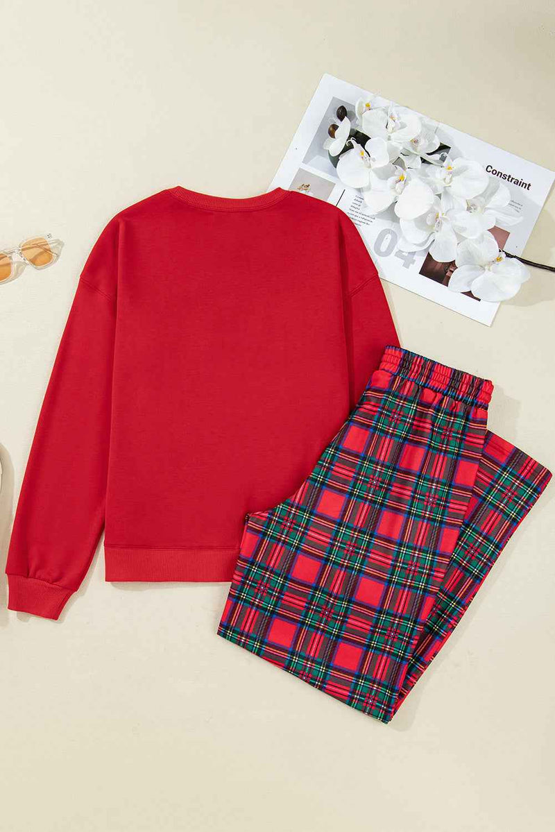Red Plaid MAMA Graphic Christmas Holiday Crewneck Pullover and Pants Lounge Set