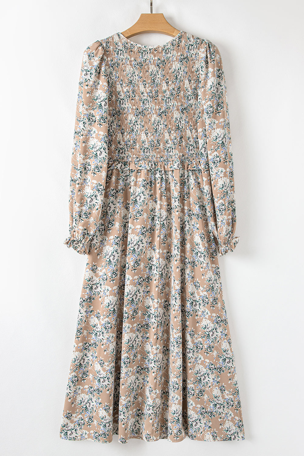 Khaki Maple Grove Floral Smocked Puff Sleeve Long Dress - Velvet Stardust Co.