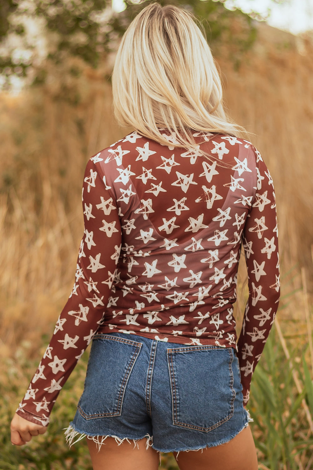 Red Mesh Star Print Mock Neck Sheath Long Sleeve Top - Velvet Stardust Co.