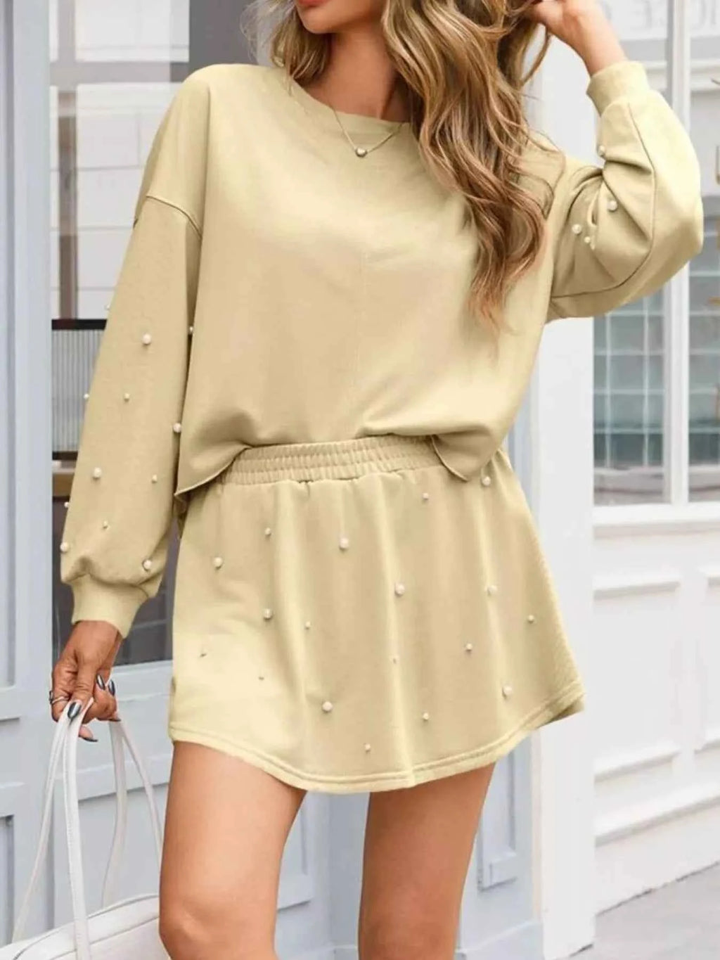 Pearl Embellished Round Neck Top and Skort Set - Velvet Stardust Co.