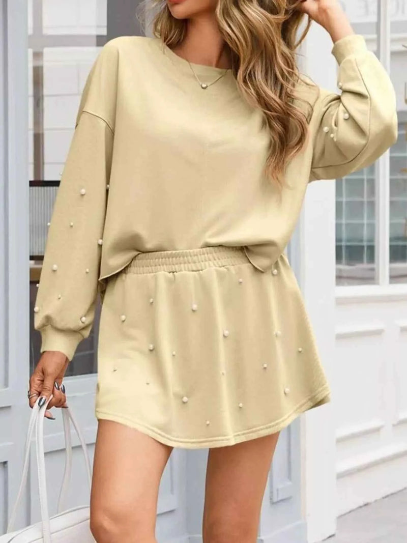 Pearl Embellished Round Neck Top and Skort Set