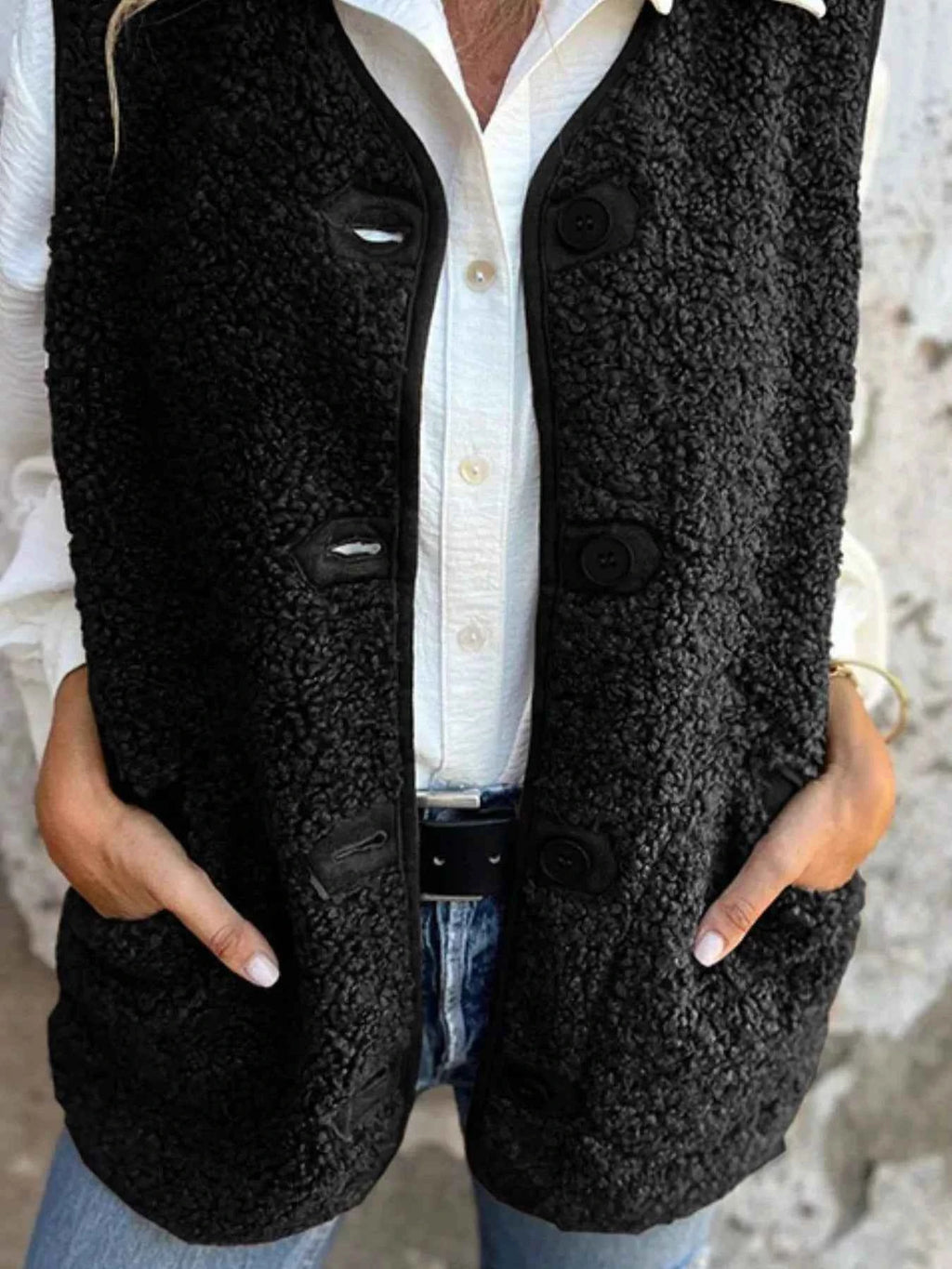Full Size Cozy Sherpa Fleece Button-Up Vest Coat with Pockets Plus Size - Velvet Stardust Co.