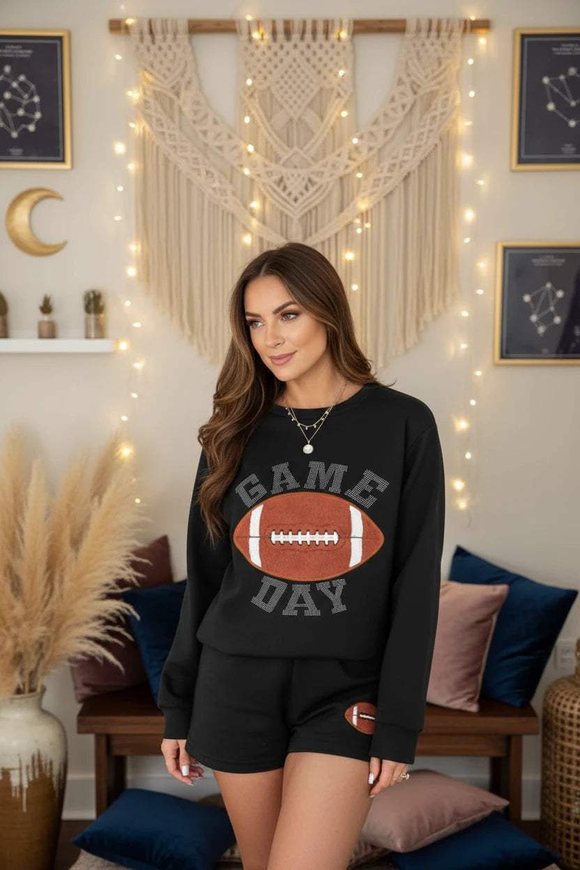 GAME DAY Football Round Neck Long Sleeve Top and Shorts Set - Velvet Stardust Co.