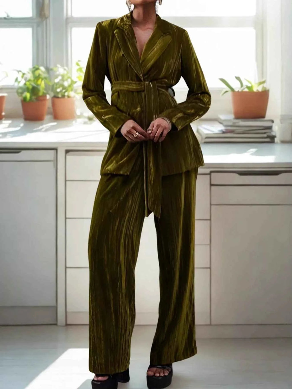 Velvet Lapel Collar Blazer & Pants Set - Velvet Stardust Co. - Velvet Stardust Co.