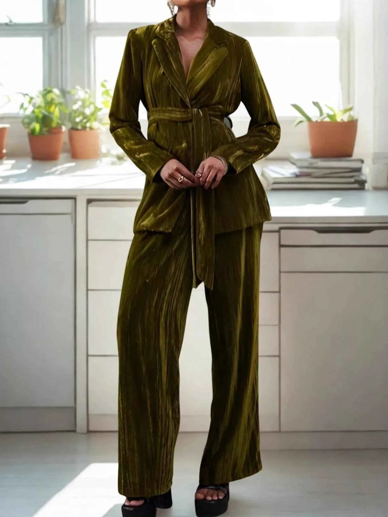 Velvet Lapel Collar Blazer & Pants Set - Velvet Stardust Co.