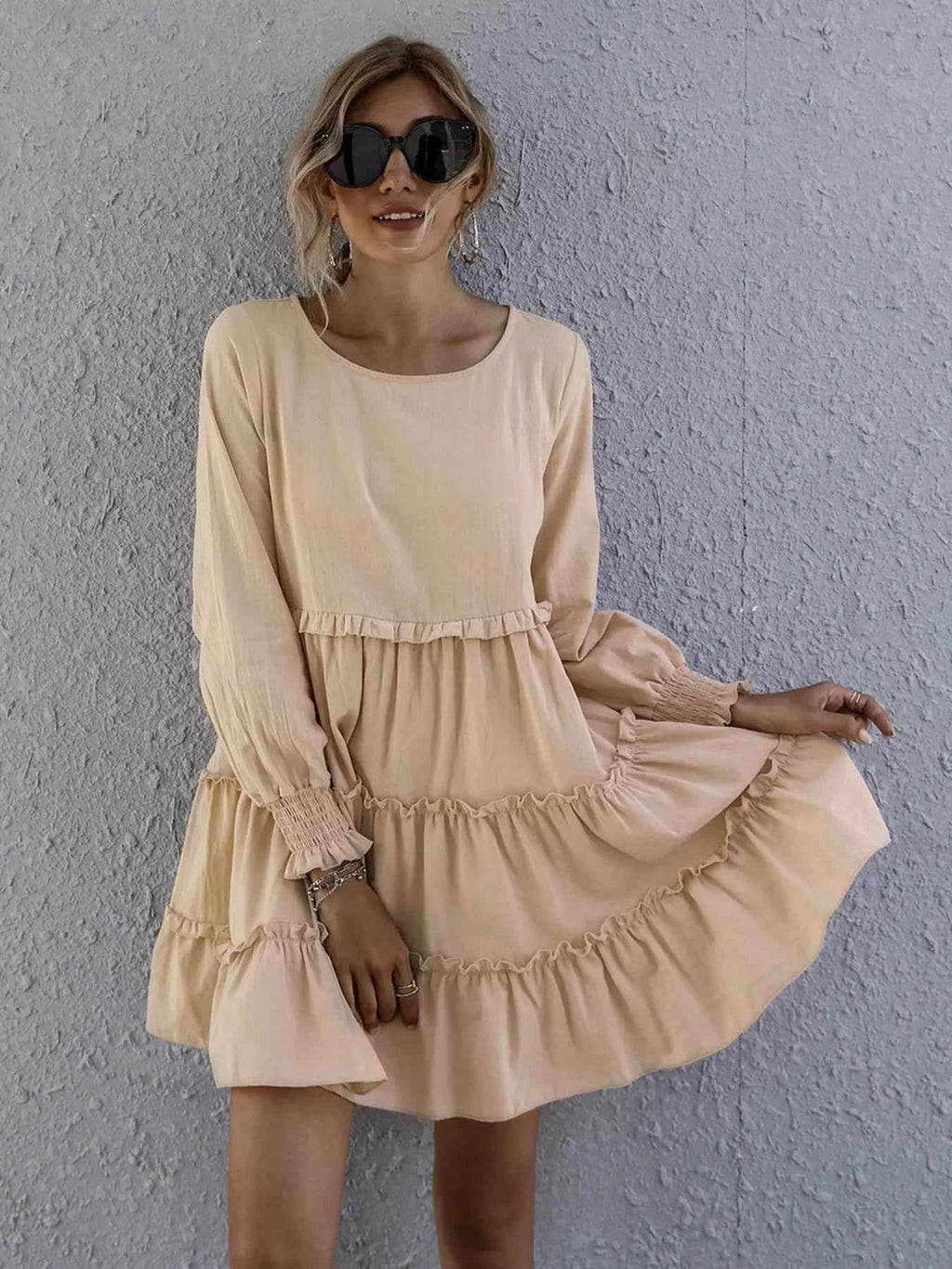 Ruffle Tiered Long Sleeve Mini Dress - Velvet Stardust Co.