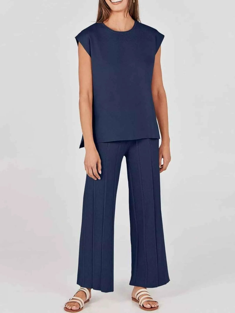 Casual Solid Color Cap Sleeve Top and Pants Knit Set