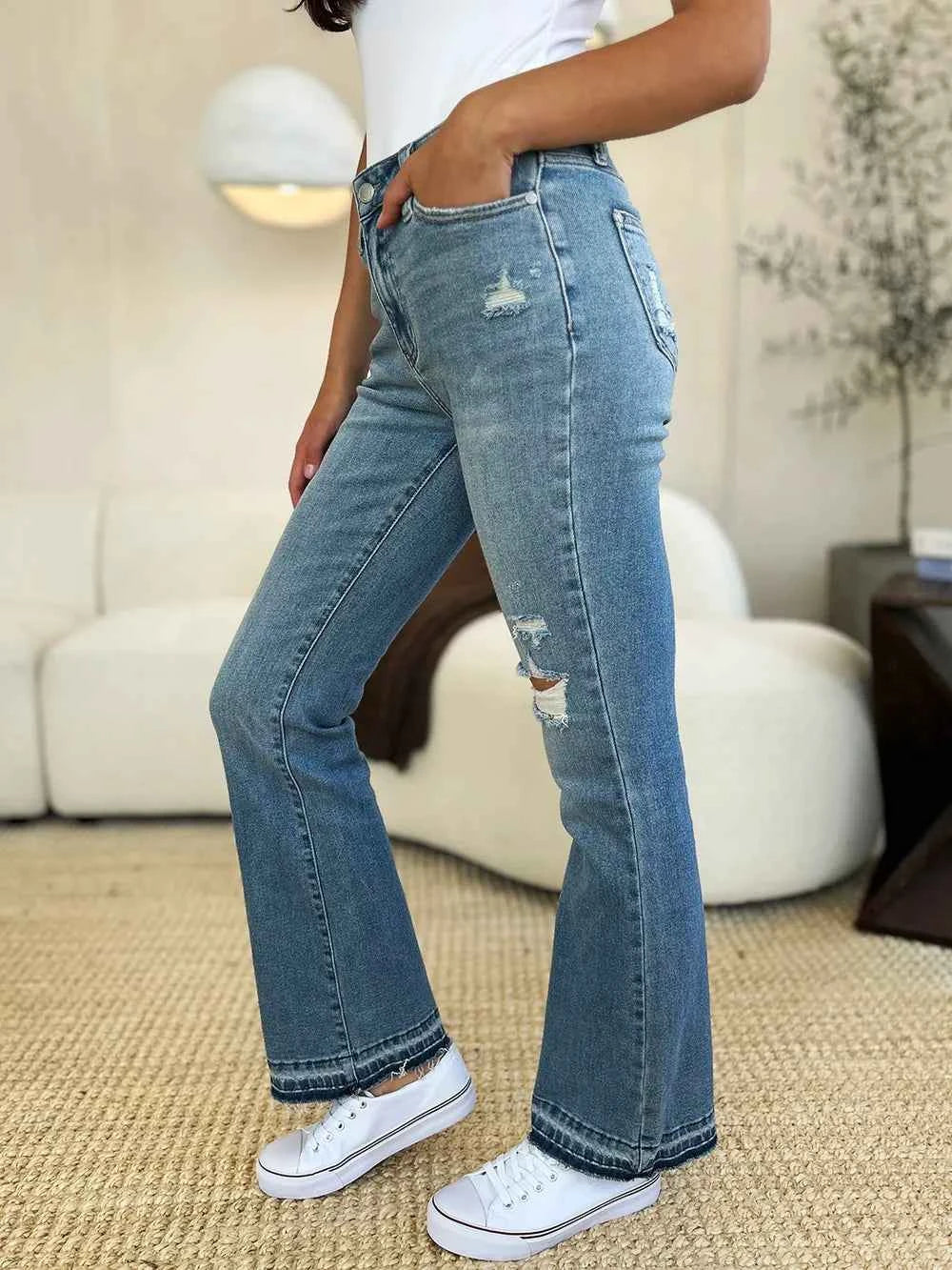 Judy Blue Full Size Mid Rise Destroyed Hem Distressed Jeans - Velvet Stardust Co.