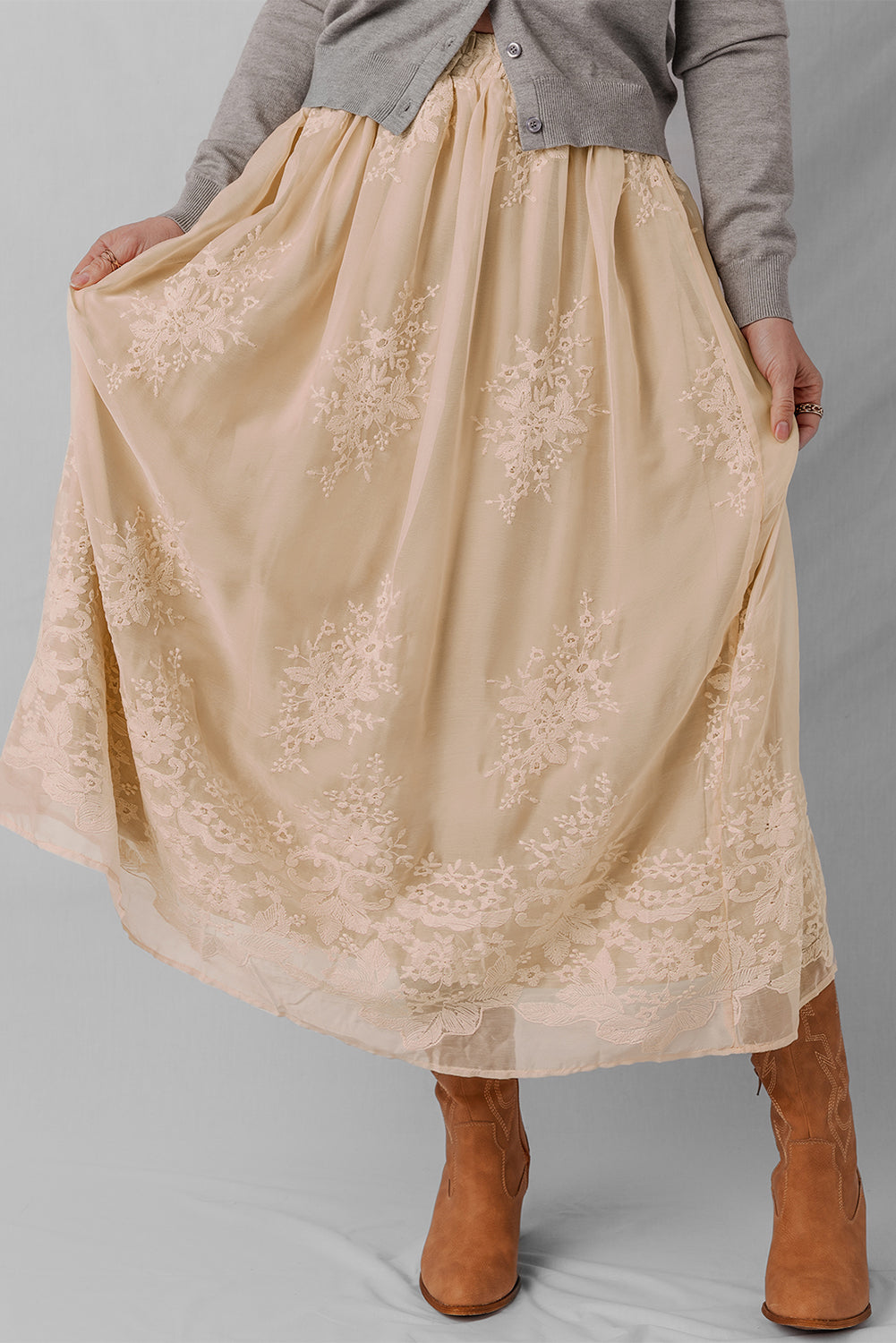 Oatmeal Embroidered Mesh Overlay Flowy Long Skirt - Velvet Stardust Co.
