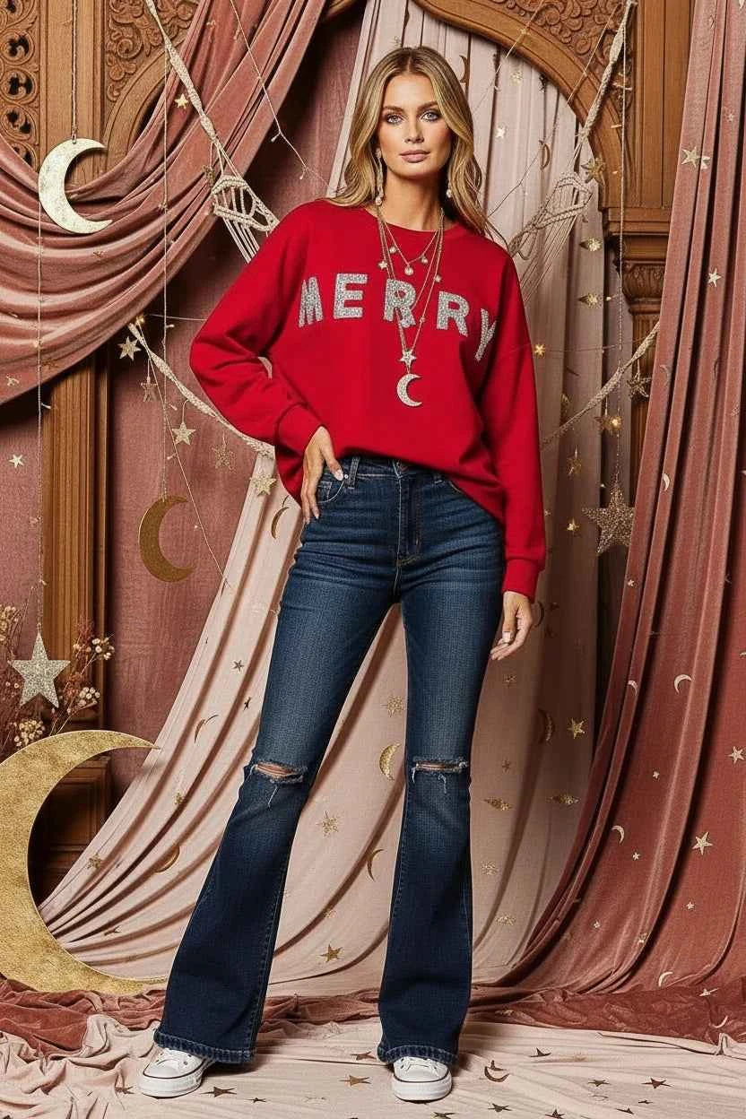 BiBi Merry Glitter Christmas Drop Shoulder Top - Velvet Stardust Co.