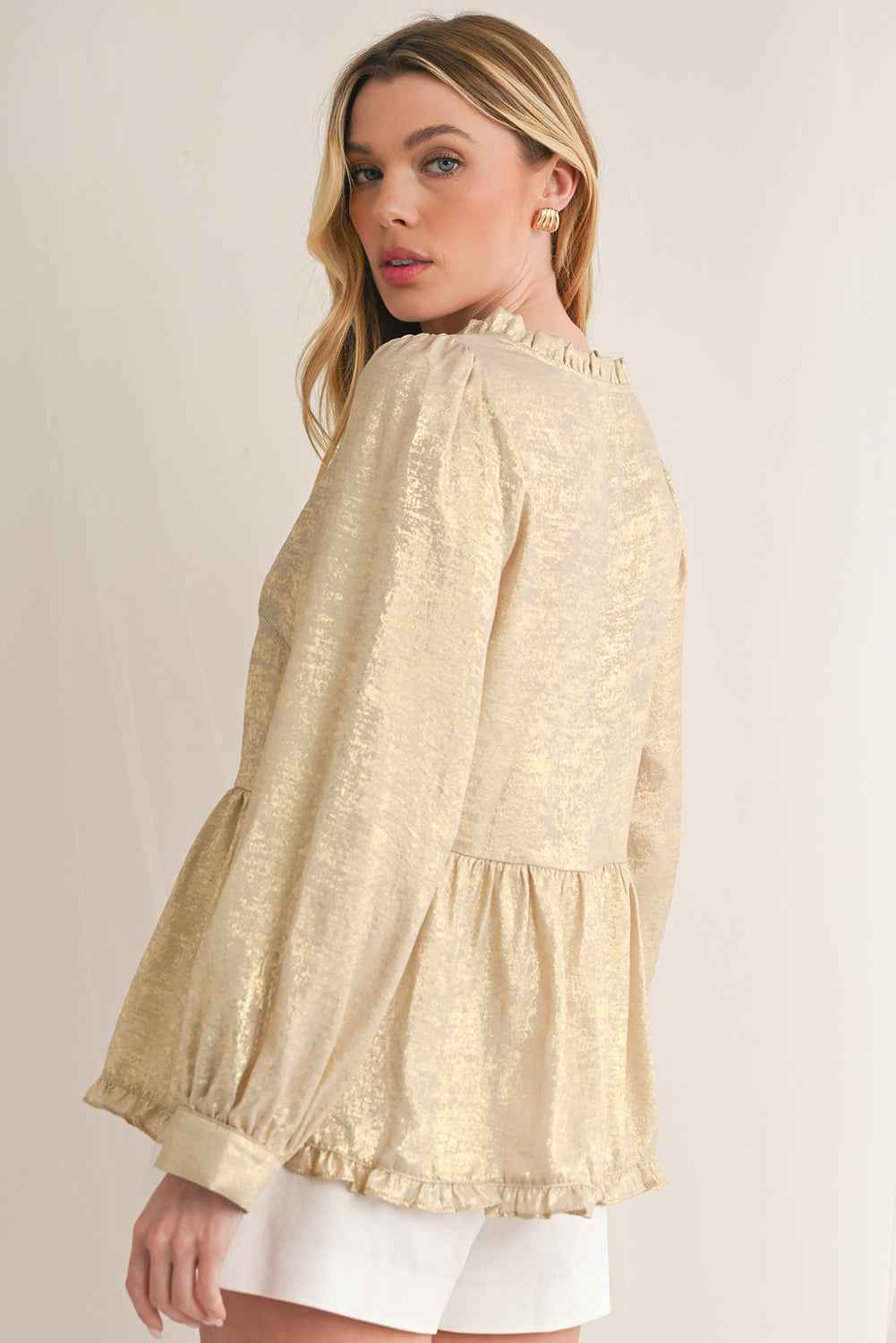 Gold Metallic Velvet Frill V Neck Puff Sleeve Babydoll Blouse - Velvet Stardust Co.
