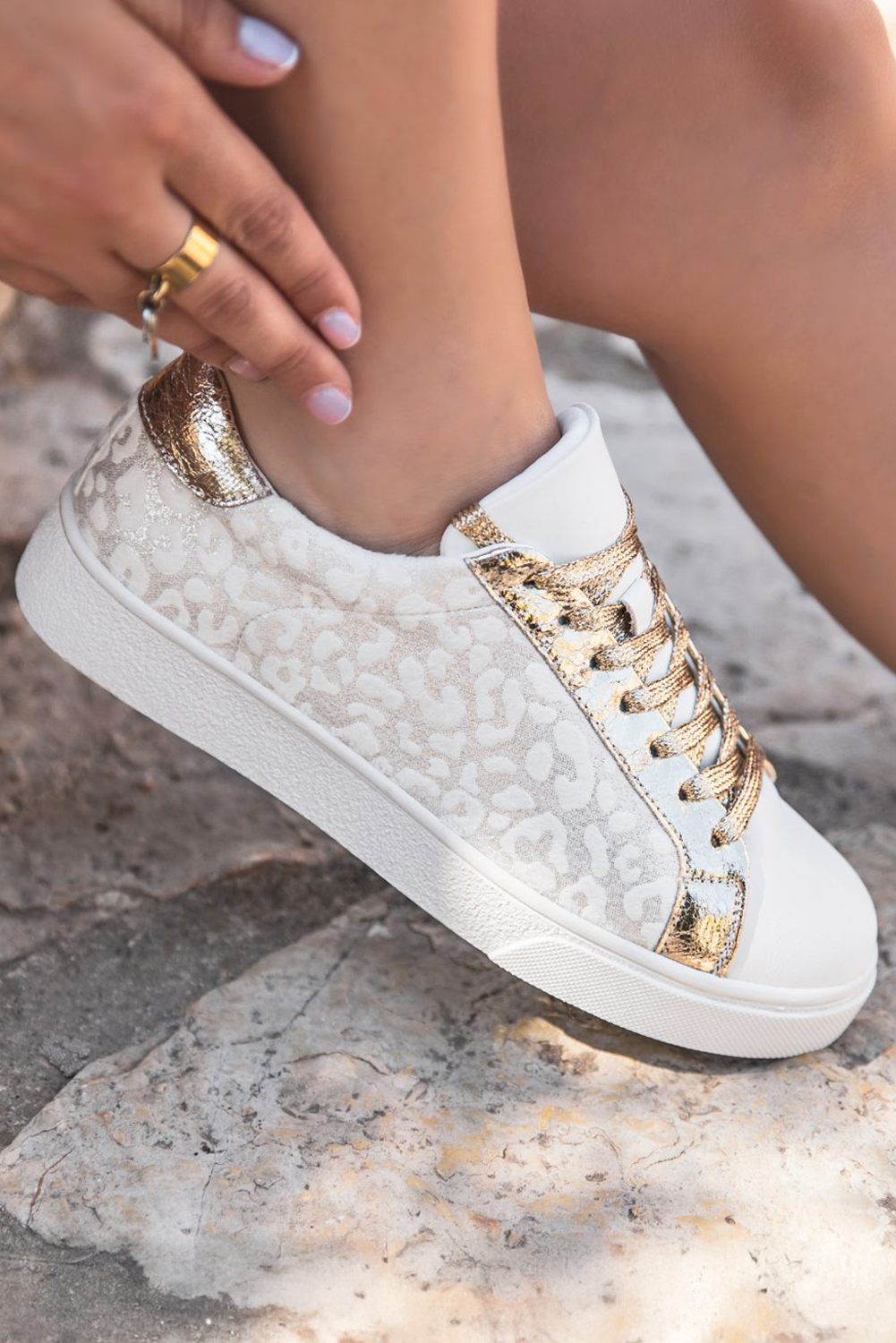 White Leopard Print Lace Up Sneaker - Velvet Stardust Co.