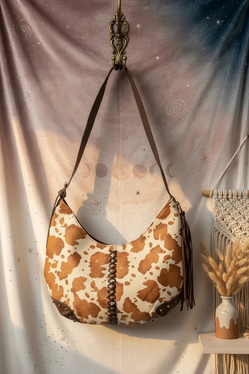 Fame Cow Print Hobo Shoulder Bag with Studded Details - Velvet Stardust Co.