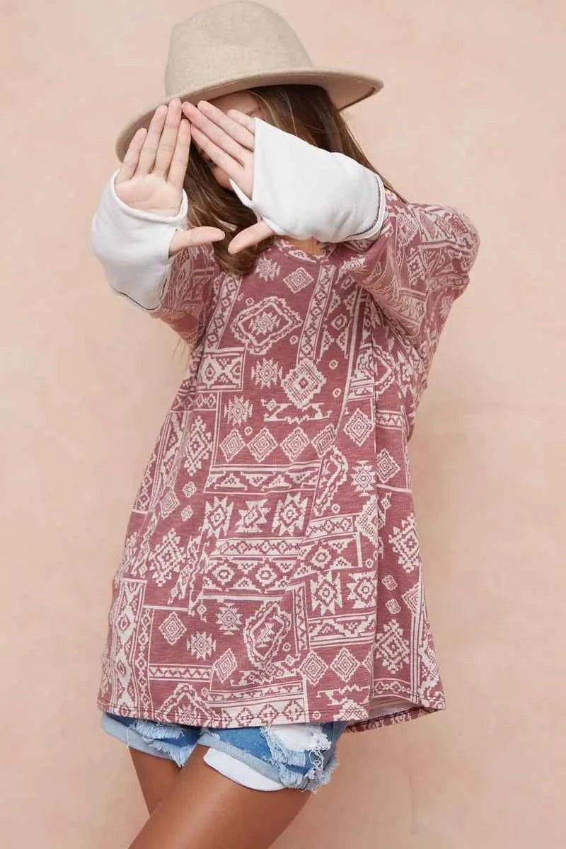 BiBi Aztec Print French Terry Top with Thumb Opening - Velvet Stardust Co.